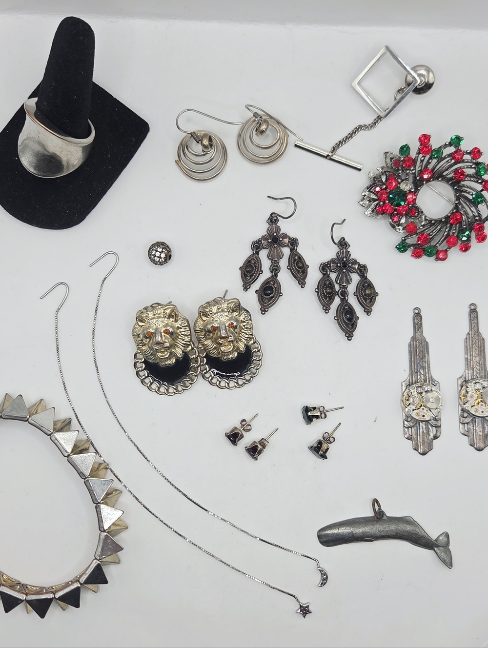 Vintage Mixed Silver Tone Jewelry Lot Earrings Ring Bracelet Brooch